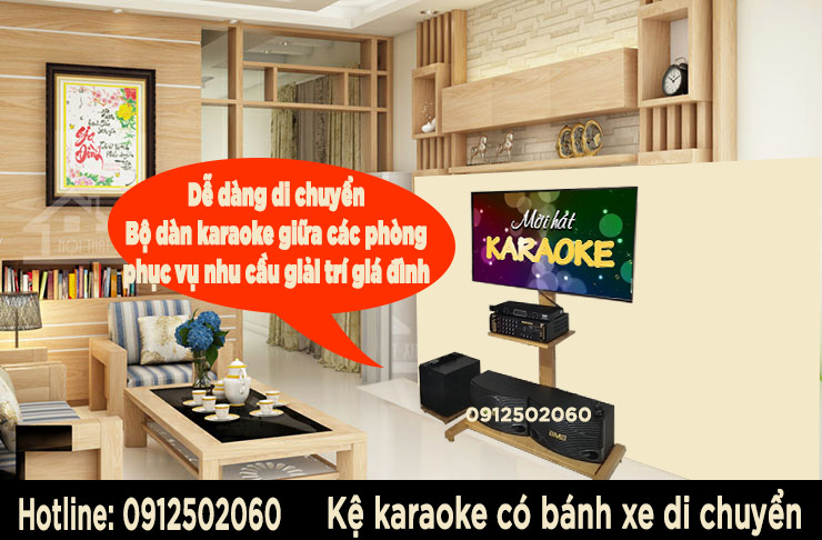 phối cảnh dàn âm thanh karaoke trong phòng khách