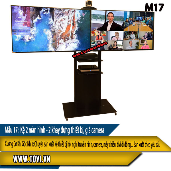 Kệ 2 ghép 2 màn hình tivi – giá camera – 2 tầng để thiết bị - chân đế bánh xe di động 